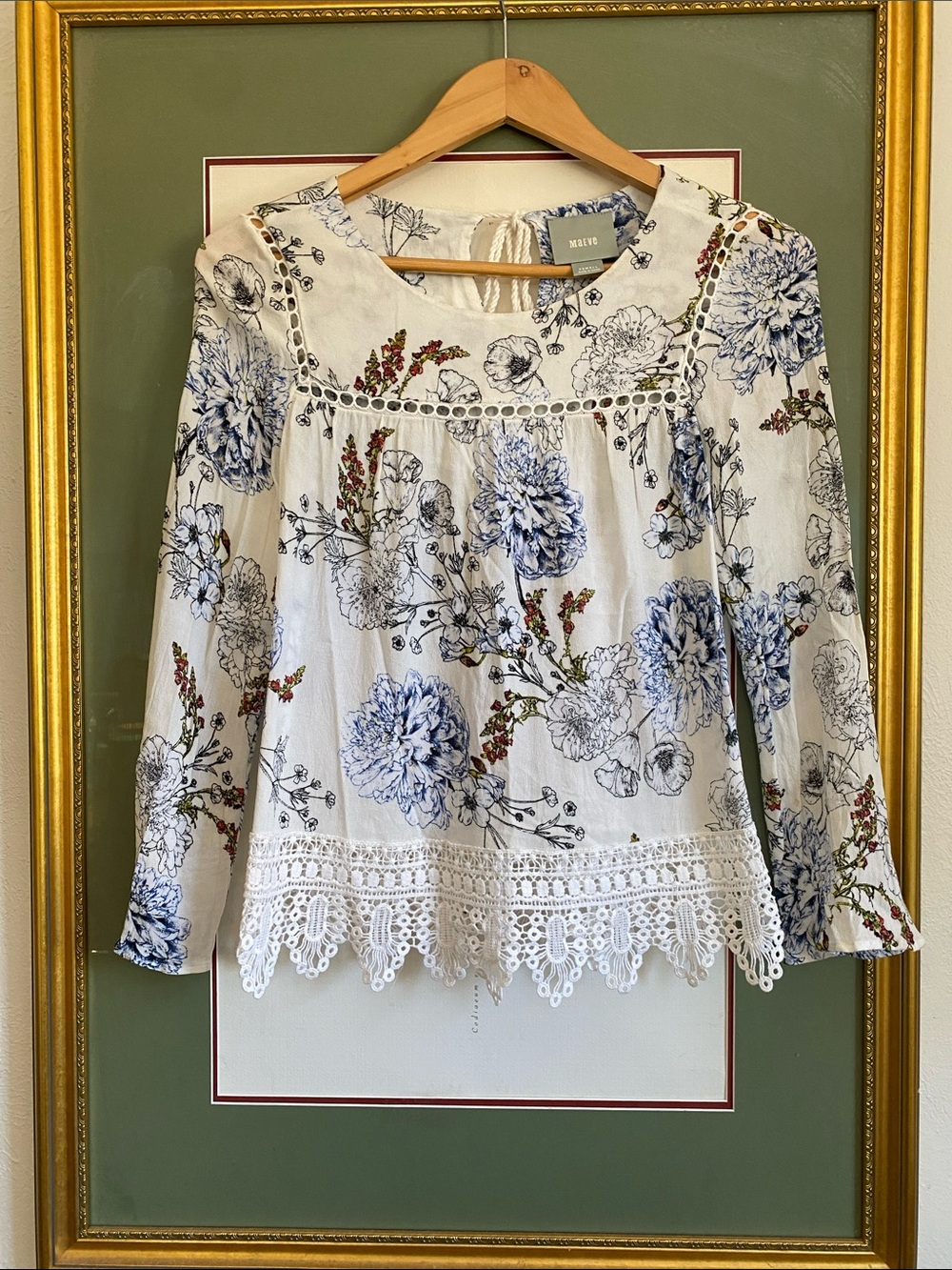 Maeve White Blouse with Blue Floral Print and Crochet Hem